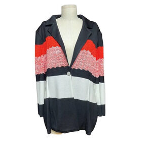 Misook Knit Sweater Blazer‎ Red Black Cream Stripe Plus Size 2X